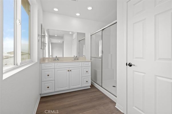 Bathroom, Glass Shower, Interior, Recessed Lighting, Wood Texture Flooring