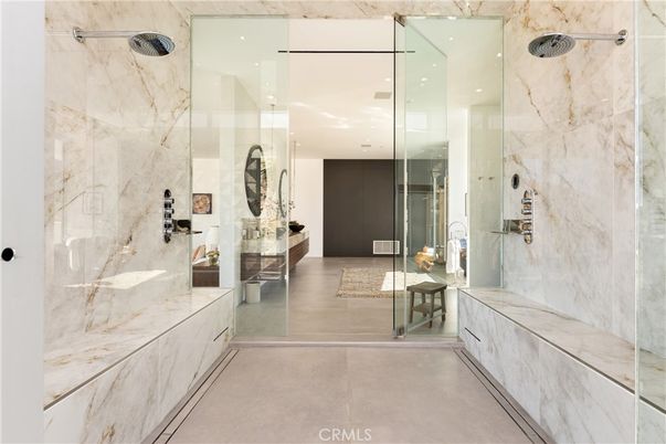 Bathroom, Glass Shower, Interior, Marble Walls, Recessed Lighting