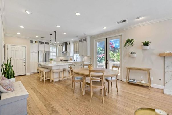 Dining room, Interior, Kitchen, Pendant Lights, Recessed Lighting, Stainless Steel Appliances, Wood Texture Flooring