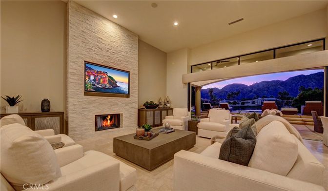 Fireplace, Interior, Living room, Recessed Lighting, Stone Walls