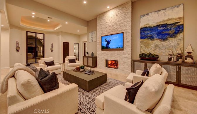 Fireplace, Interior, Living room, Recessed Lighting, Stone Walls