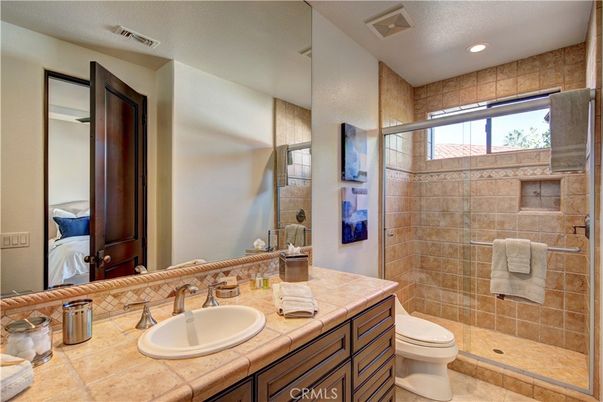 Bathroom, Glass Shower, Interior, Recessed Lighting, Tile Countertops