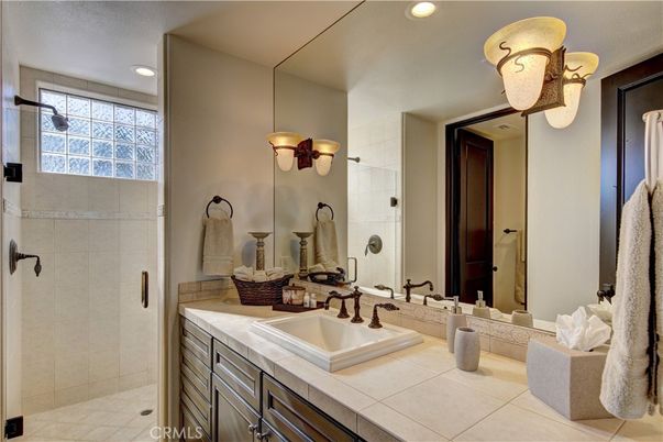 Bathroom, Glass Shower, Interior, Recessed Lighting, Tile Countertops