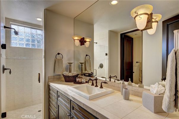 Bathroom, Glass Shower, Interior, Recessed Lighting, Tile Countertops