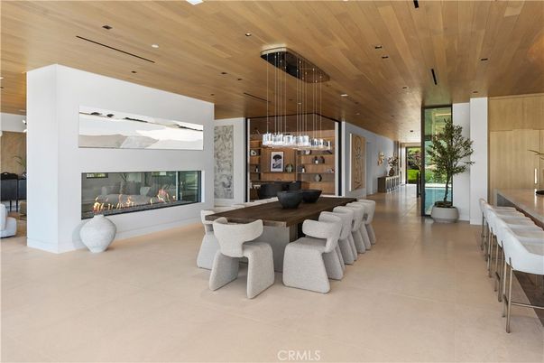 Dining room, Fireplace, Interior, Pendant Lights, Recessed Lighting, Wooden Ceilings