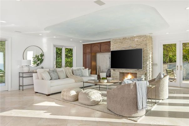 Fireplace, Interior, Living room, Recessed Lighting, Stone Walls
