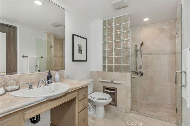Bathroom, Glass Shower, Interior, Recessed Lighting, Tile Countertops