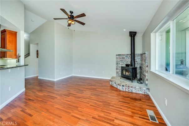 Empty room, Fireplace, Interior, Recessed Lighting, Wood Texture Flooring