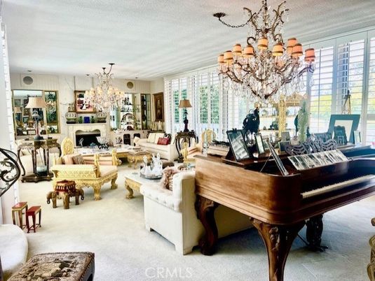 Chandelier, Fireplace, Interior, Living room, Piano