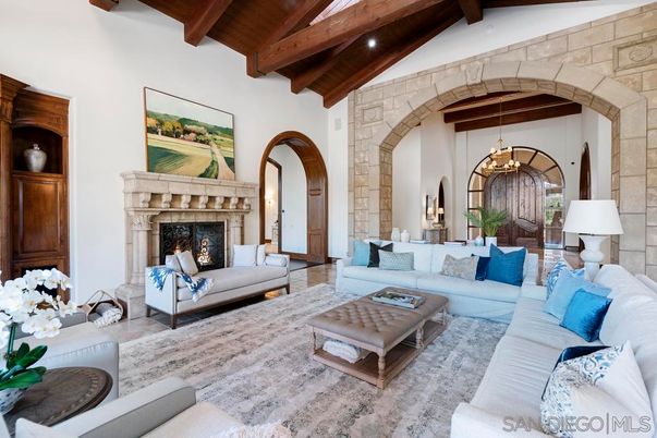Chandelier, Fireplace, Interior, Living room, Recessed Lighting, Stone Walls, Wooden Beams, Wooden Ceilings