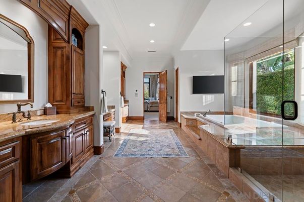 Bathroom, Dual Sink Vanities, Fireplace, Glass Shower, Interior, Recessed Lighting