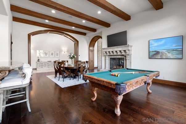 Billiard Table, Dining room, Fireplace, Game Room, Interior, Recessed Lighting, Wooden Beams, Wood Texture Flooring