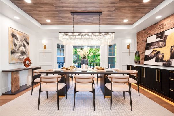 Chandelier, Dining room, Interior, Recessed Lighting, Stone Walls, Wooden Ceilings, Wood Texture Flooring