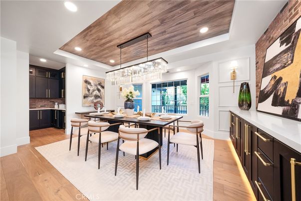 Chandelier, Dining room, Interior, Recessed Lighting, Wooden Ceilings, Wood Texture Flooring