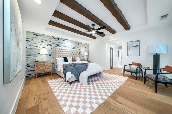Bedroom, Interior, Recessed Lighting, Wooden Beams, Wood Texture Flooring