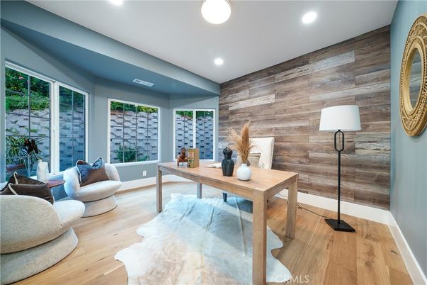 Home Office, Interior, Recessed Lighting, Wood Texture Flooring, Wooden Walls