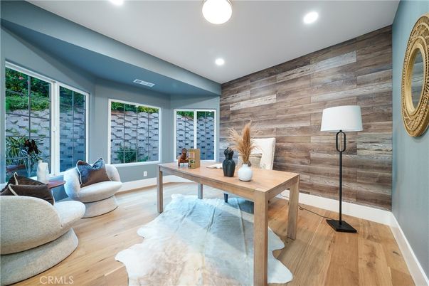Home Office, Interior, Recessed Lighting, Wood Texture Flooring, Wooden Walls