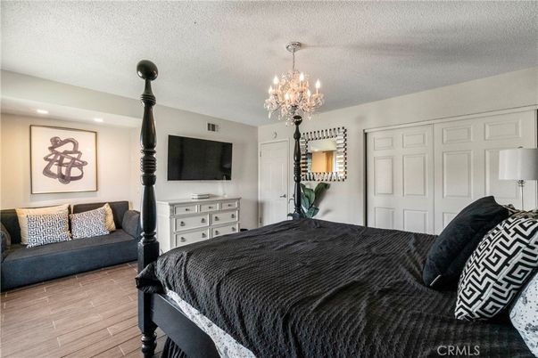 Bedroom, Chandelier, Interior, Recessed Lighting, Wood Texture Flooring