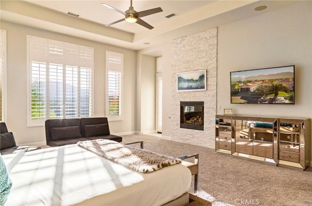 Bedroom, Fireplace, Interior, Recessed Lighting, Stone Walls