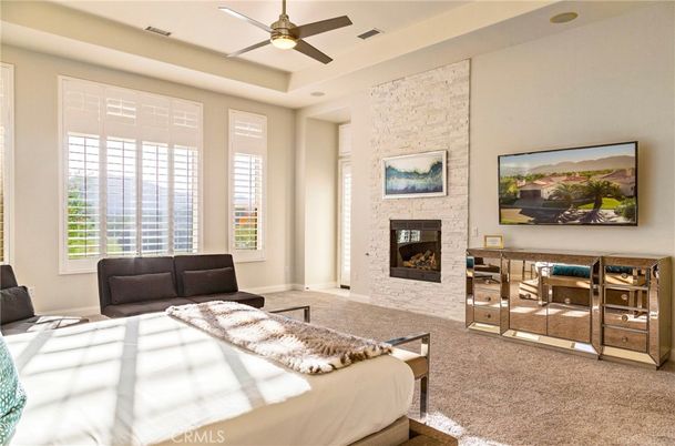 Bedroom, Fireplace, Interior, Recessed Lighting, Stone Walls