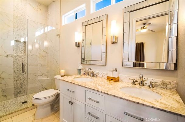 Bathroom, Dual Sink Vanities, Glass Shower, Interior, Marble Walls