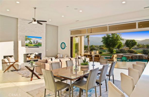 Dining room, Fireplace, Interior, Living room, Recessed Lighting, Stone Walls