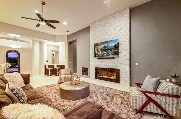 Fireplace, Interior, Living room, Pendant Lights, Recessed Lighting, Stone Walls