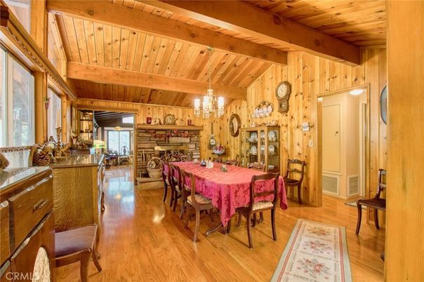 Chandelier, Dining room, Fireplace, Interior, Wooden Beams, Wooden Ceilings, Wood Texture Flooring, Wooden Walls