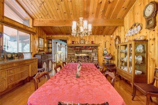 Chandelier, Dining room, Fireplace, Interior, Wooden Beams, Wooden Ceilings, Wood Texture Flooring, Wooden Walls