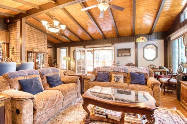 Chandelier, Dining room, Interior, Living room, Stone Walls, Wooden Beams, Wooden Ceilings, Wood Texture Flooring