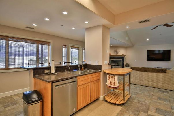Fireplace, Interior, Kitchen, Recessed Lighting, Stainless Steel Appliances