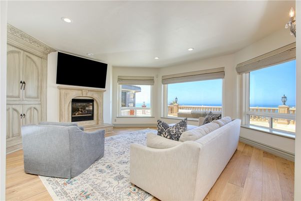 Fireplace, Interior, Living room, Recessed Lighting, Water, Wood Texture Flooring