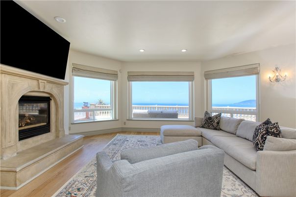 Fireplace, Interior, Living room, Recessed Lighting, Water, Wood Texture Flooring