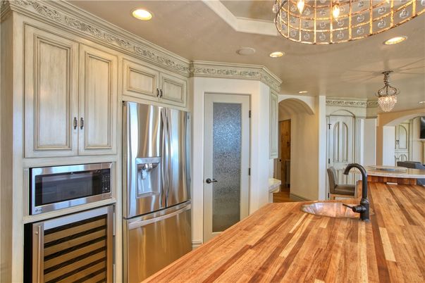 Chandelier, Interior, Kitchen, Recessed Lighting, Stainless Steel Appliances, Wood Texture Flooring