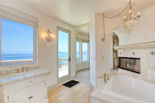 Bathroom, Chandelier, Fireplace, Interior, Water, Wood Texture Flooring