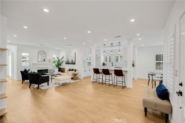 Fireplace, Interior, Living room, Pendant Lights, Recessed Lighting, Wood Texture Flooring