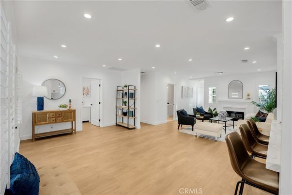 Fireplace, Interior, Living room, Recessed Lighting, Wood Texture Flooring