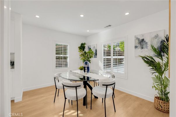 Dining room, Interior, Recessed Lighting, Wood Texture Flooring