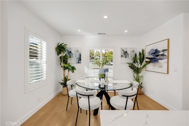 Dining room, Interior, Recessed Lighting, Wood Texture Flooring