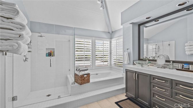Bathroom, Glass Shower, Interior, Recessed Lighting, Wood Texture Flooring