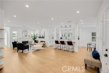 Dining room, Fireplace, Interior, Kitchen, Living room, Pendant Lights, Recessed Lighting, Wood Texture Flooring