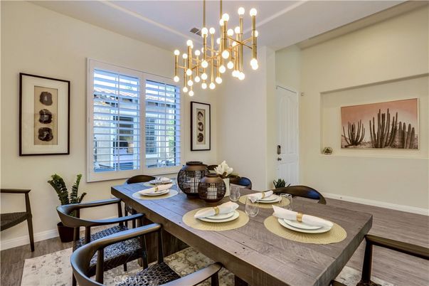 Dining room, Interior, Pendant Lights, Wood Texture Flooring