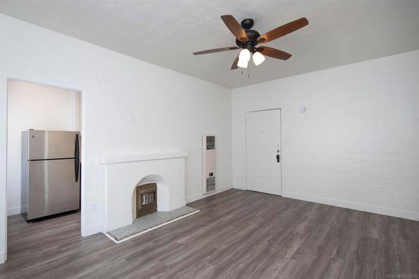 Empty room, Fireplace, Interior, Kitchen, Wood Texture Flooring