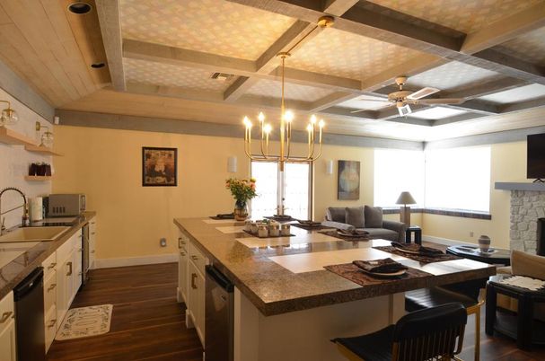 Chandelier, Fireplace, Interior, Kitchen, Pendant Lights, Wood Texture Flooring