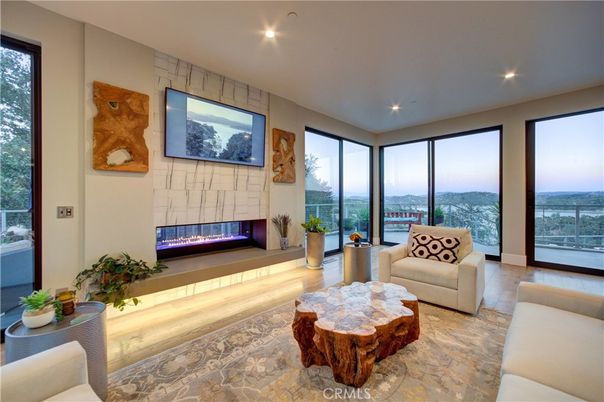 Fireplace, Interior, Living room, Recessed Lighting, Wood Texture Flooring