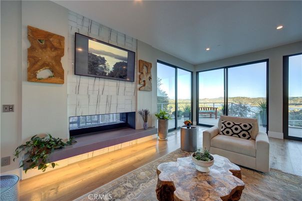 Fireplace, Interior, Living room, Recessed Lighting, Wood Texture Flooring