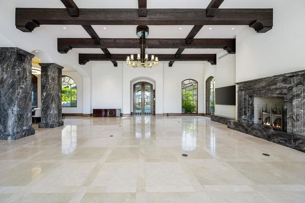 Chandelier, Fireplace, Interior, Recessed Lighting, Wooden Beams