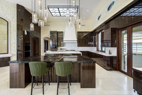 Interior, Kitchen, Pendant Lights, Recessed Lighting, Stone Walls