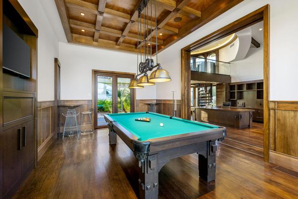 Billiard Table, Game Room, Interior, Pendant Lights, Recessed Lighting, Wooden Beams, Wooden Ceilings, Wood Texture Flooring