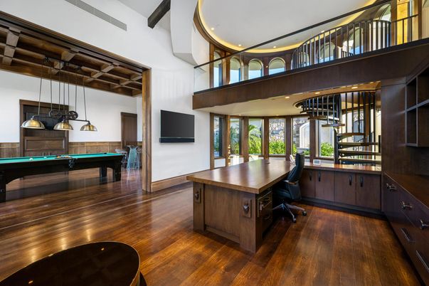 Billiard Table, Game Room, Home Office, Interior, Pendant Lights, Recessed Lighting, Wooden Beams, Wood Texture Flooring